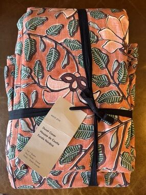 West Elm Rust Floral Duvet Cover with Green Leaves